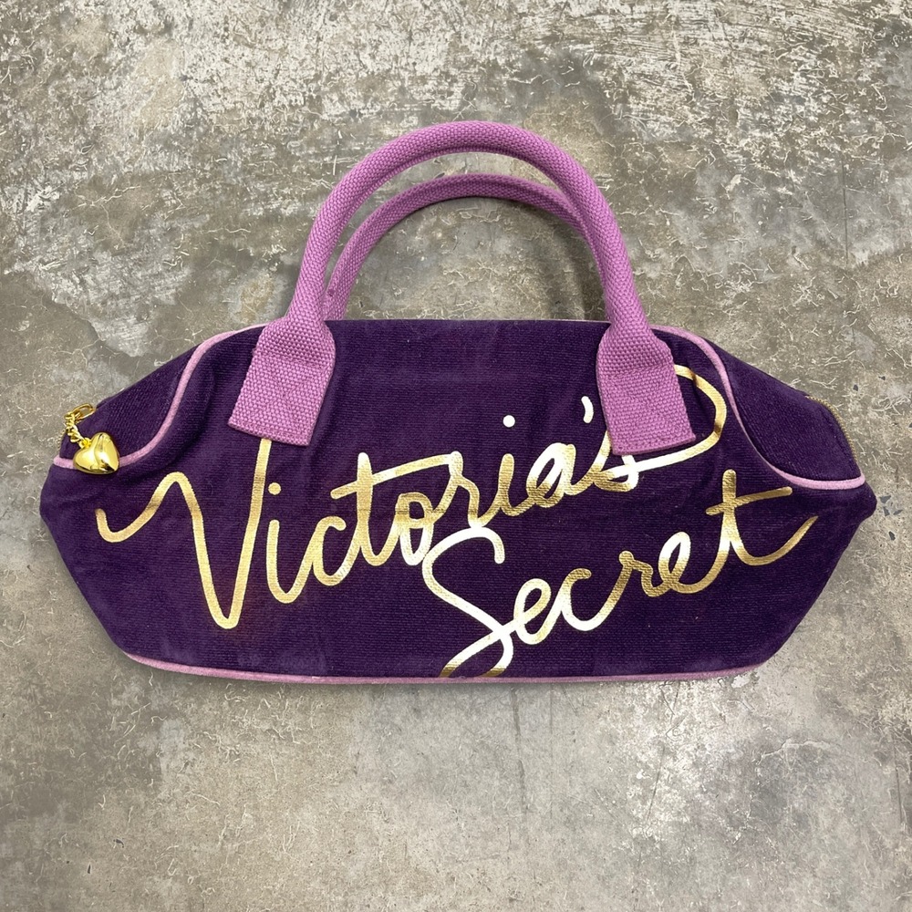 Victorias Secret Purple Velour Barrel Bag Gold Logo Y2K Heart Zipper Pull